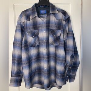 Pendleton Canyon Shirt Mens L Blue Wool Plaid L/S High Grade Western Pearl Snap